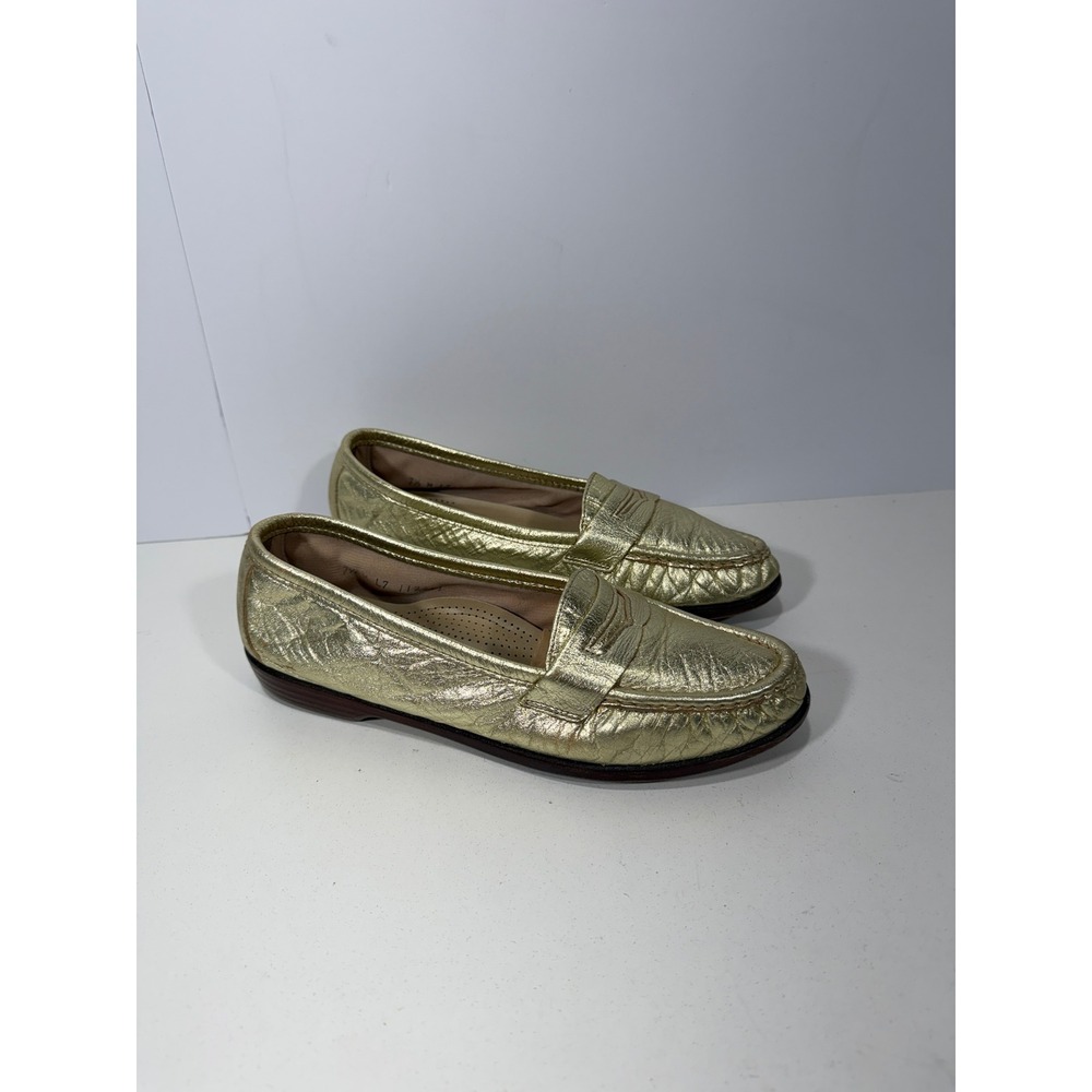 SAS Womens Metallic Gold Leather Penny Loafers sz 7.5 Comfort Shoes Made in USA